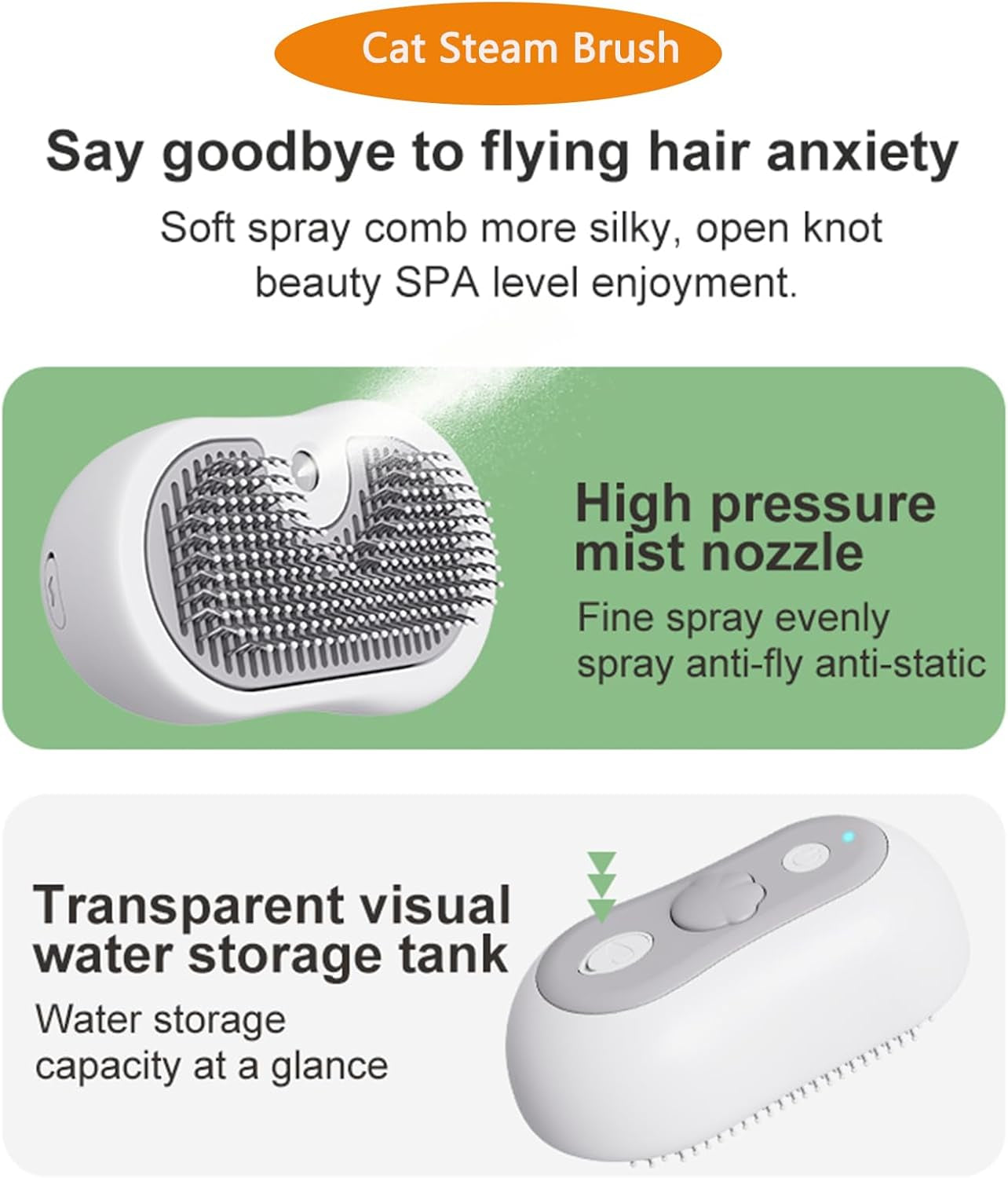 Cat Steam Brush for Shedding, 3 in 1 Cat Brush for Long or Short Haired Cats & Dogs, Steam Hair Brush with Spray Function & One-Click Cleaning Button Easy to Removes Loose Fur, Cat Grooming Brush Suitable for All Hair Pets