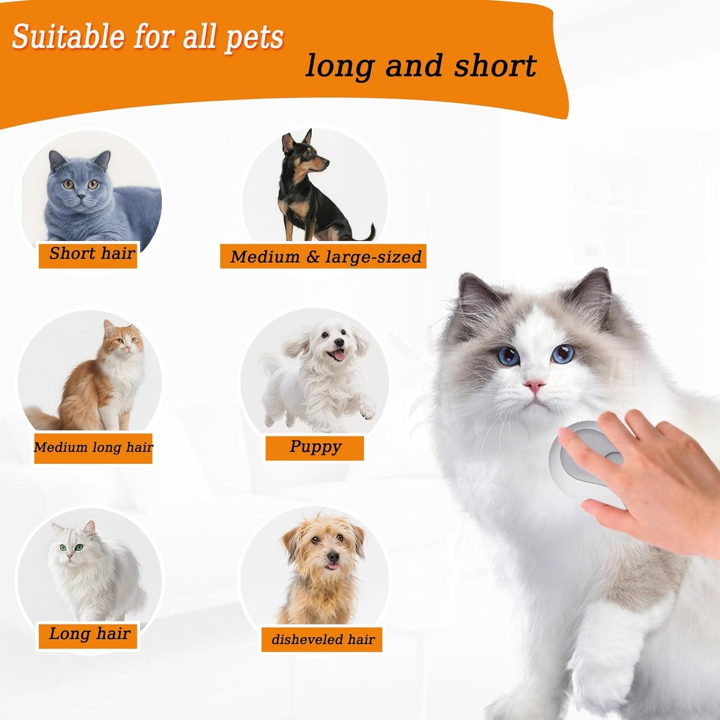 Cat Steam Brush for Shedding, 3 in 1 Cat Brush for Long or Short Haired Cats & Dogs, Steam Hair Brush with Spray Function & One-Click Cleaning Button Easy to Removes Loose Fur, Cat Grooming Brush Suitable for All Hair Pets