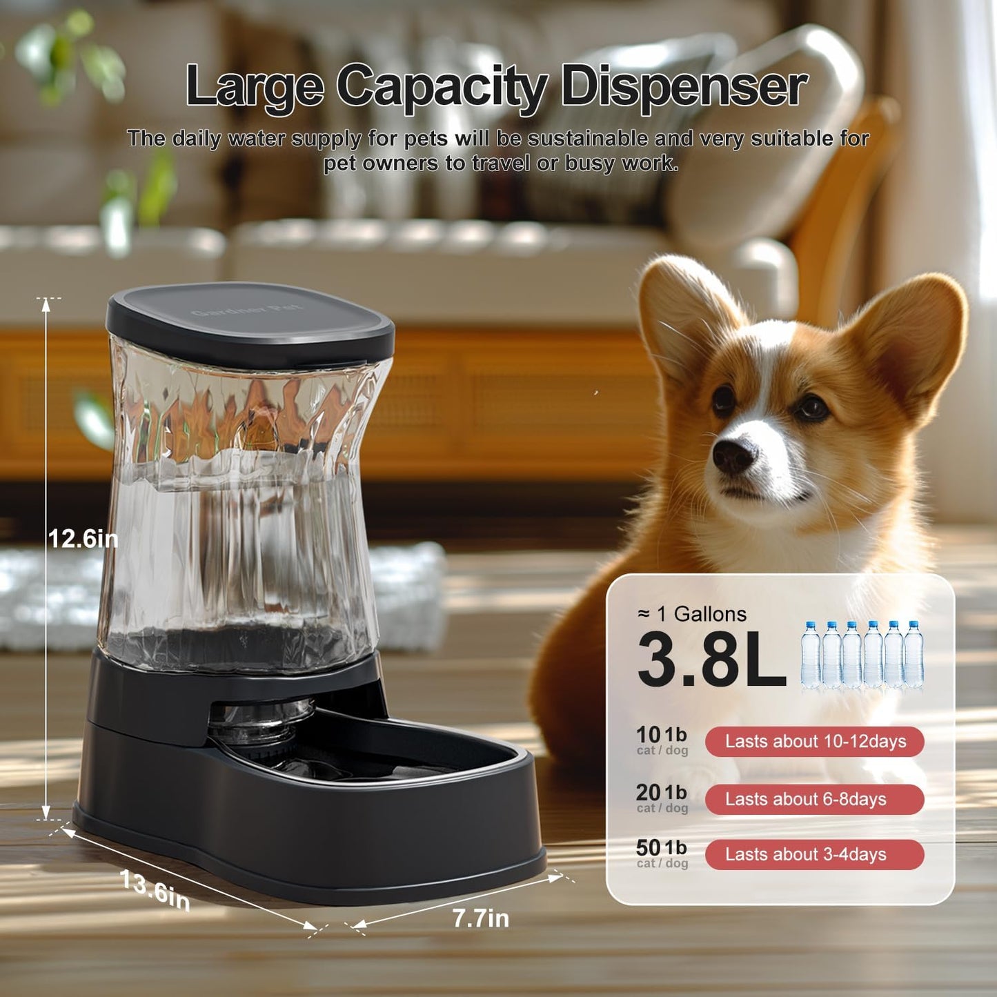 Automatic Dog Water Dispenser Gravity Stainless Steel Water Waterer Feeder, 100% Bpa-Free Large Capacity Water Feeding Bowls for Medium & Large-Sized Dogs Cats Other Pets 3.85L