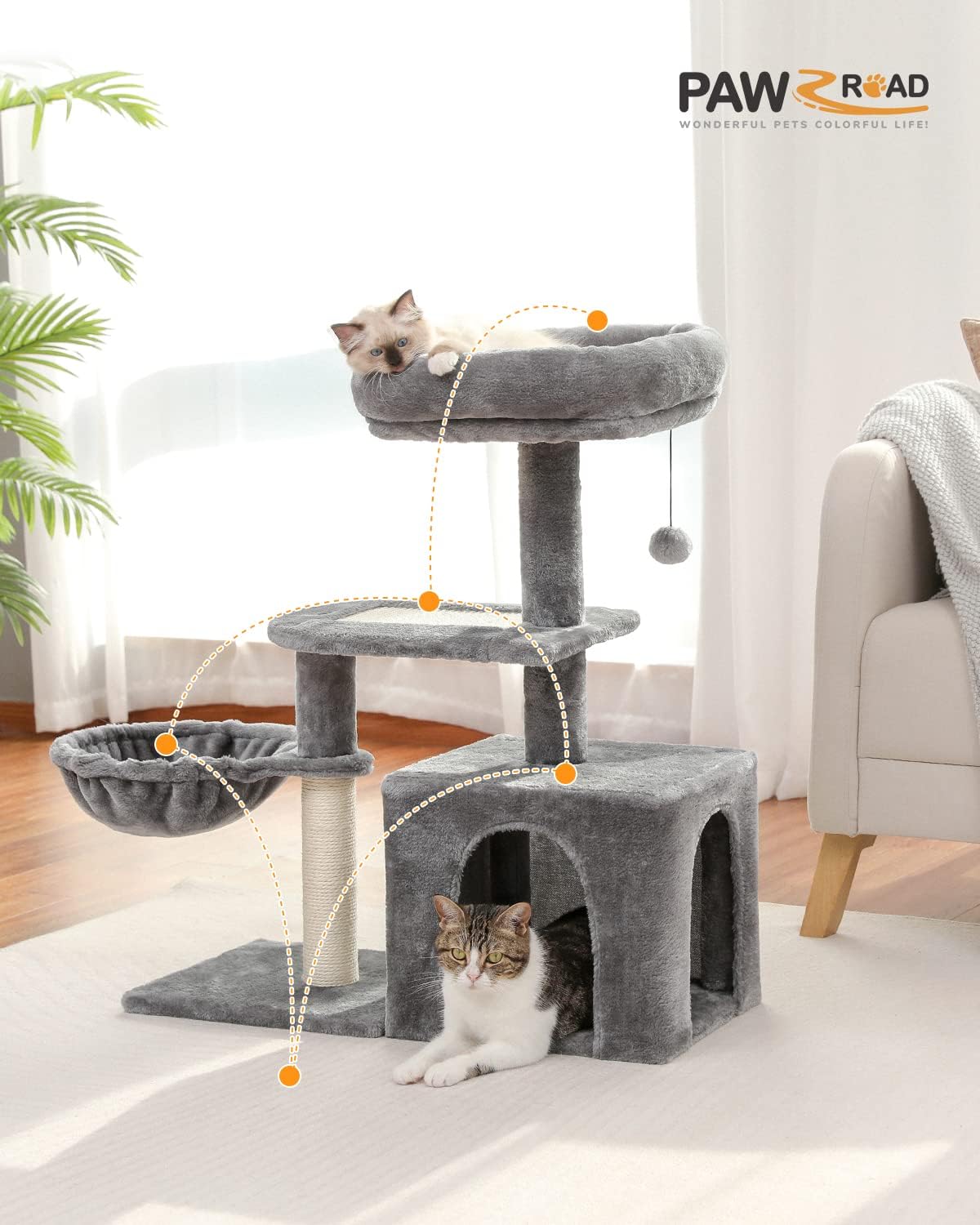 Cat Tree, Cat Tower for Indoor Cats with Cat Condo, Soft Top Perch, Deep Hammock and Natural Sisal Scratching Post for Kittens, Grey
