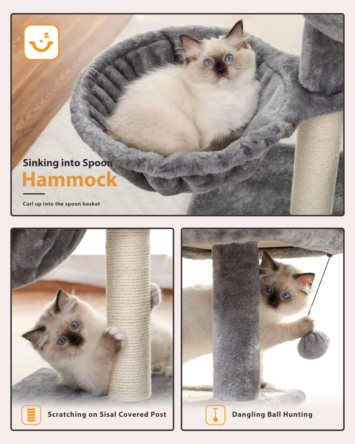 Cat Tree, Cat Tower for Indoor Cats with Cat Condo, Soft Top Perch, Deep Hammock and Natural Sisal Scratching Post for Kittens, Grey