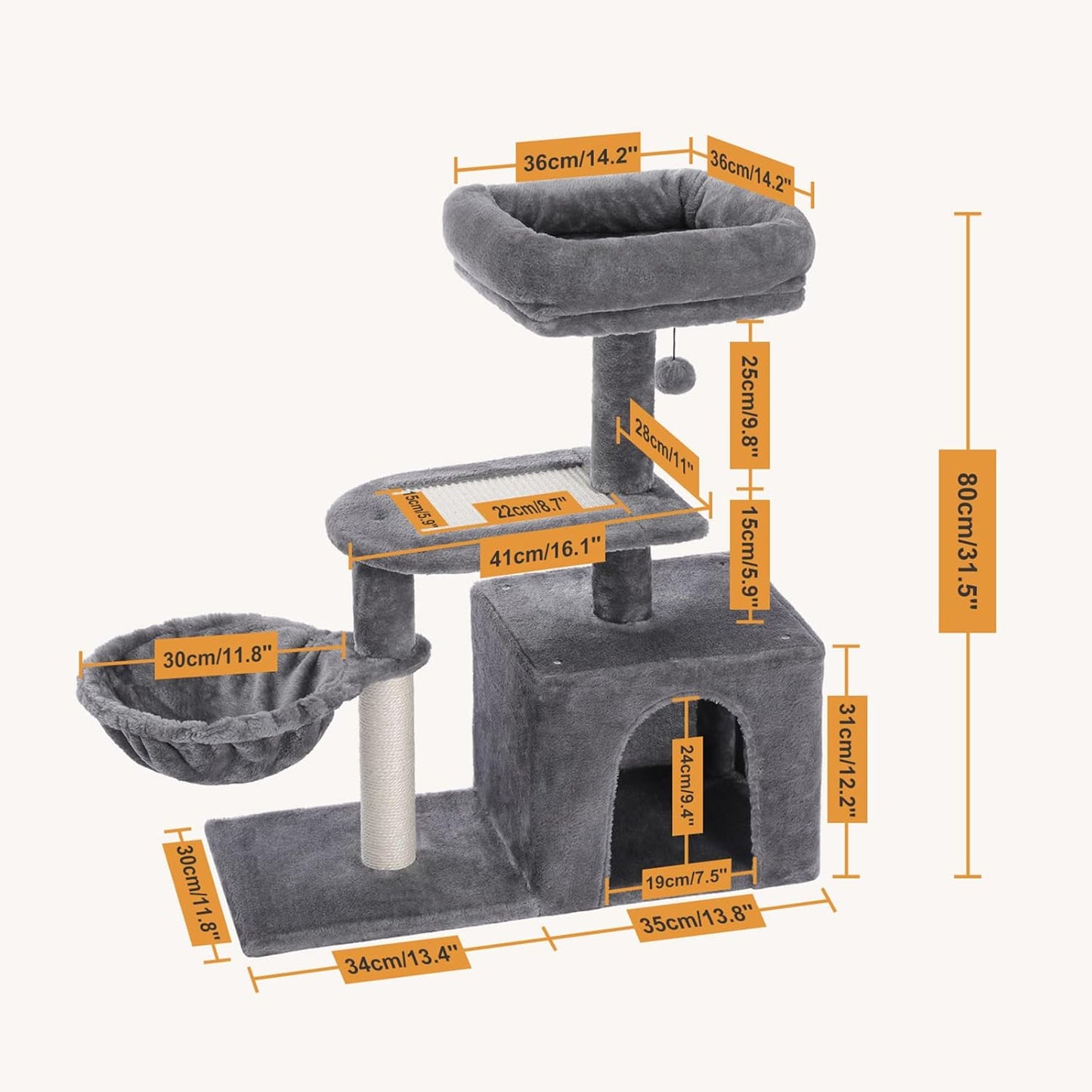 Cat Tree, Cat Tower for Indoor Cats with Cat Condo, Soft Top Perch, Deep Hammock and Natural Sisal Scratching Post for Kittens, Grey