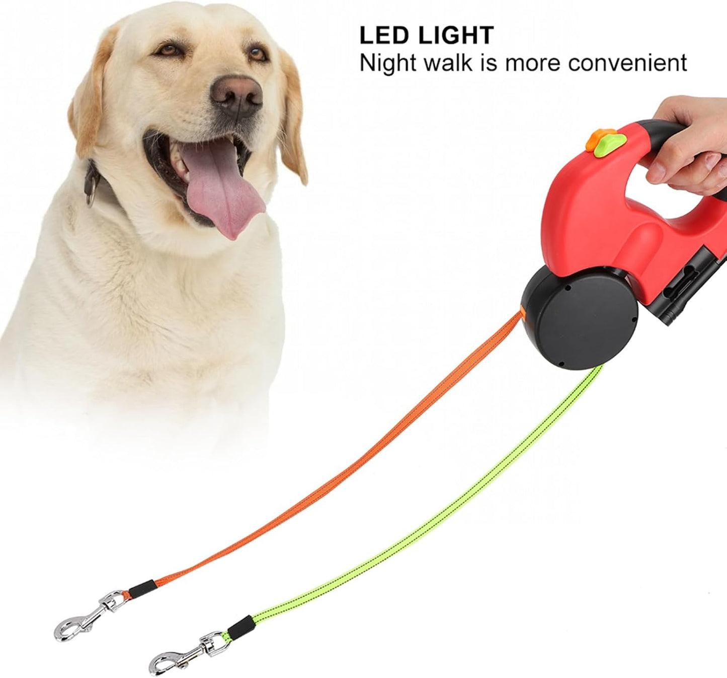 Dual Retractable Dog Leash, Automatic Hand Holding Pet Leash, Adjustable Dog Leash with LED Light for Dogs Walking Pets (Scarlet)