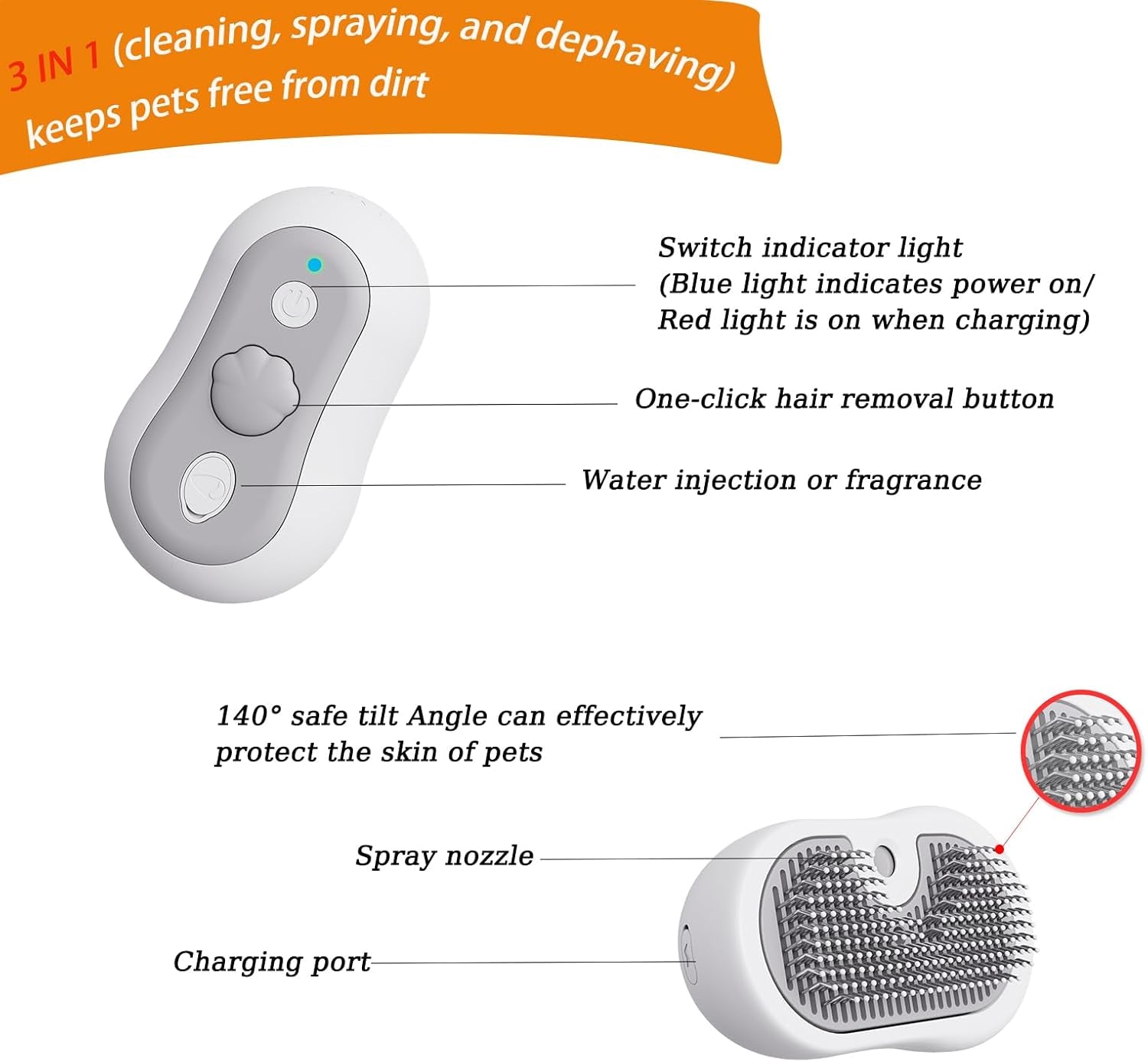 Cat Steam Brush for Shedding, 3 in 1 Cat Brush for Long or Short Haired Cats & Dogs, Steam Hair Brush with Spray Function & One-Click Cleaning Button Easy to Removes Loose Fur, Cat Grooming Brush Suitable for All Hair Pets