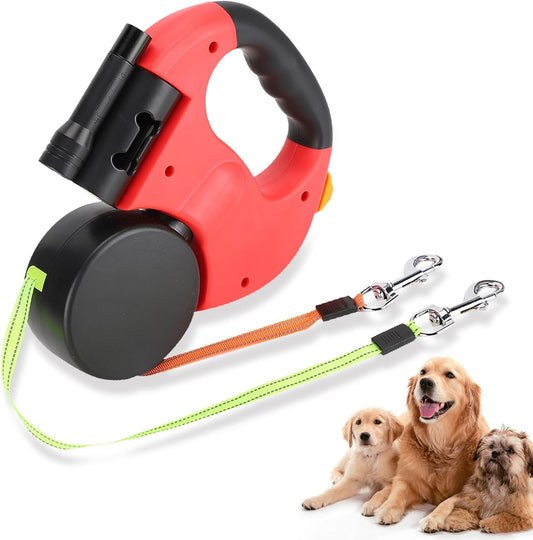 Dual Retractable Dog Leash, Automatic Hand Holding Pet Leash, Adjustable Dog Leash with LED Light for Dogs Walking Pets (Scarlet)