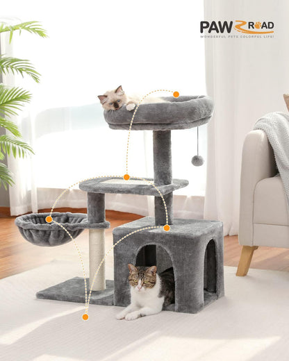 Cat Tree, Cat Tower for Indoor Cats with Cat Condo, Soft Top Perch, Deep Hammock and Natural Sisal Scratching Post for Kittens, Grey
