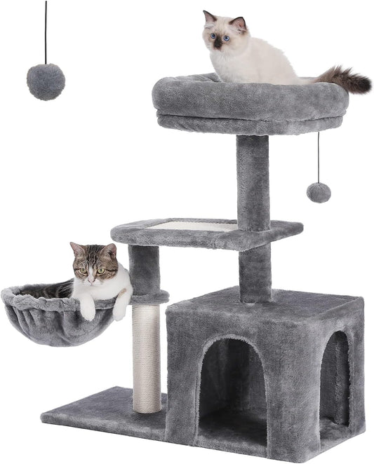Cat Tree, Cat Tower for Indoor Cats with Cat Condo, Soft Top Perch, Deep Hammock and Natural Sisal Scratching Post for Kittens, Grey