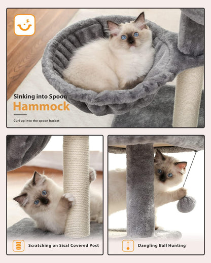 Cat Tree, Cat Tower for Indoor Cats with Cat Condo, Soft Top Perch, Deep Hammock and Natural Sisal Scratching Post for Kittens, Grey