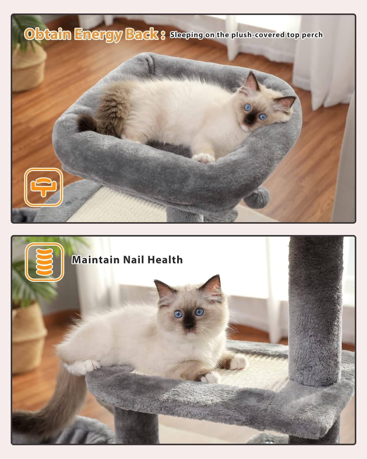 Cat Tree, Cat Tower for Indoor Cats with Cat Condo, Soft Top Perch, Deep Hammock and Natural Sisal Scratching Post for Kittens, Grey